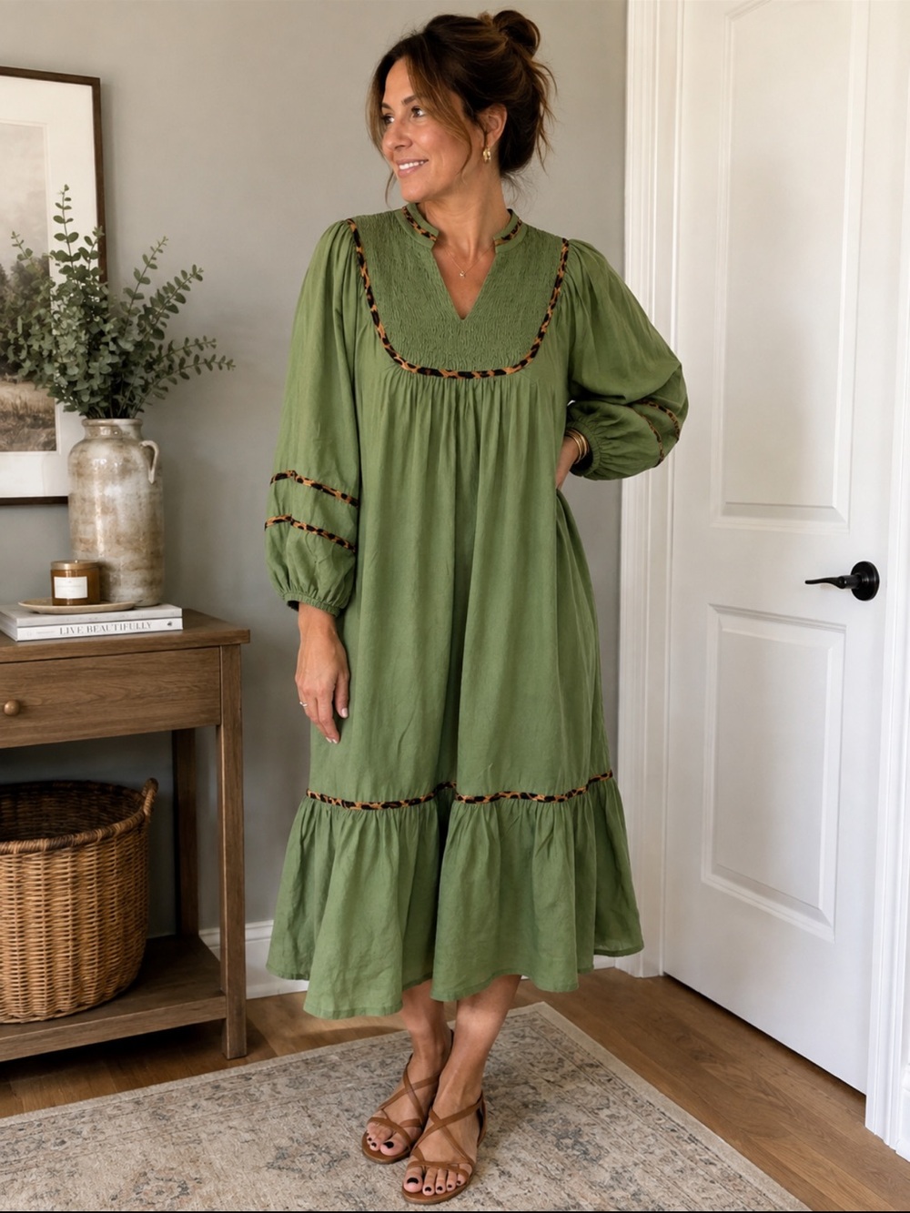 Umgee Olive Green Midi Dress with Leopard Trim NWT peasant boho M